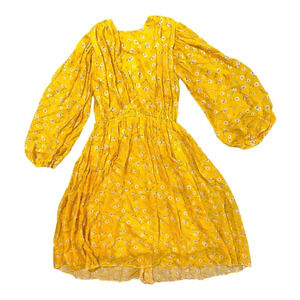 Alcoolique 100% Silk Floral Midi Dress Romantic Puff Sleeve Delicate Daisy Sz 42